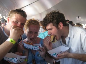 Sweaty people eating BBQ